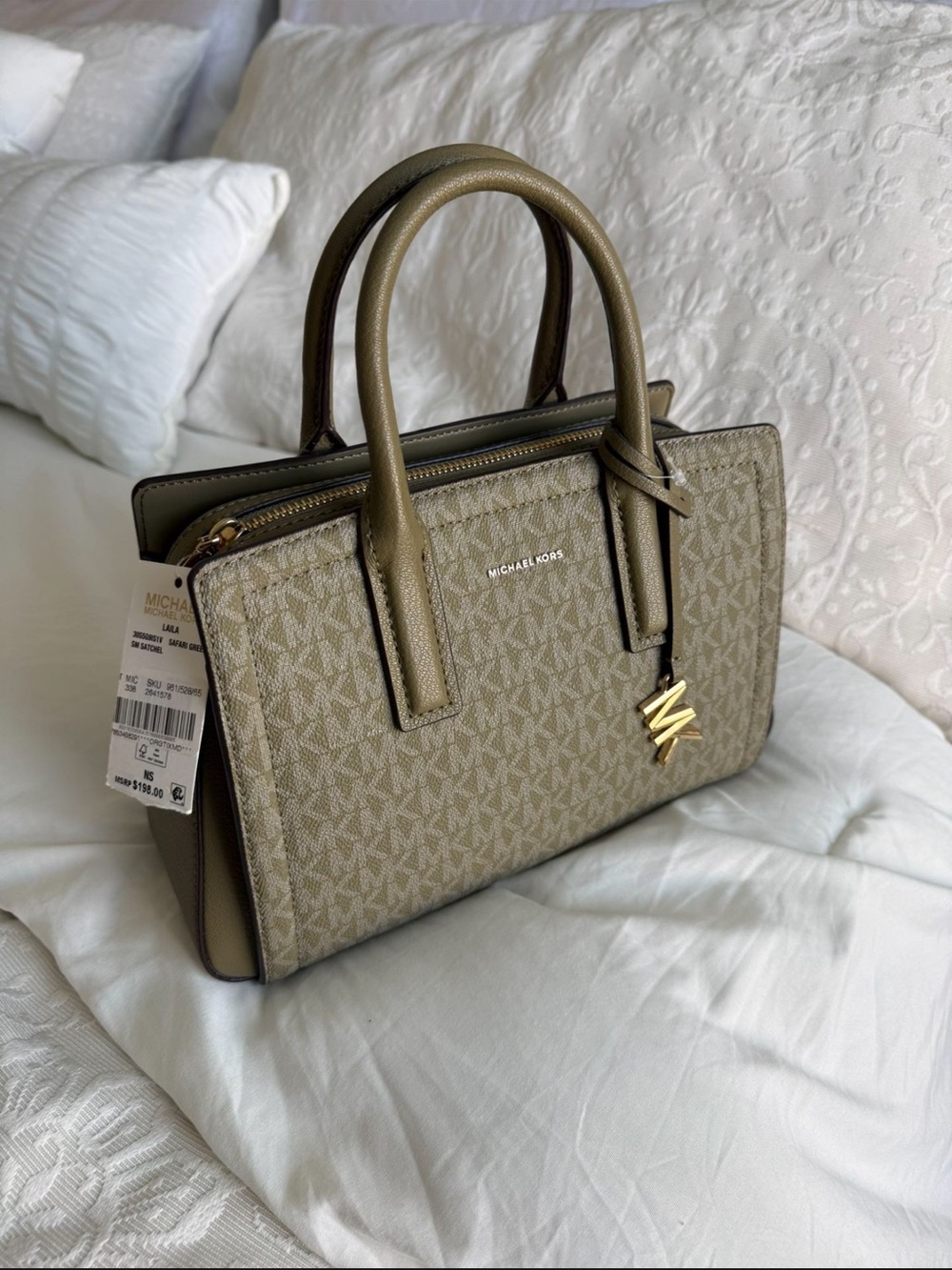 Michael Kors Olive MK Logo Satchel with Gold Charm